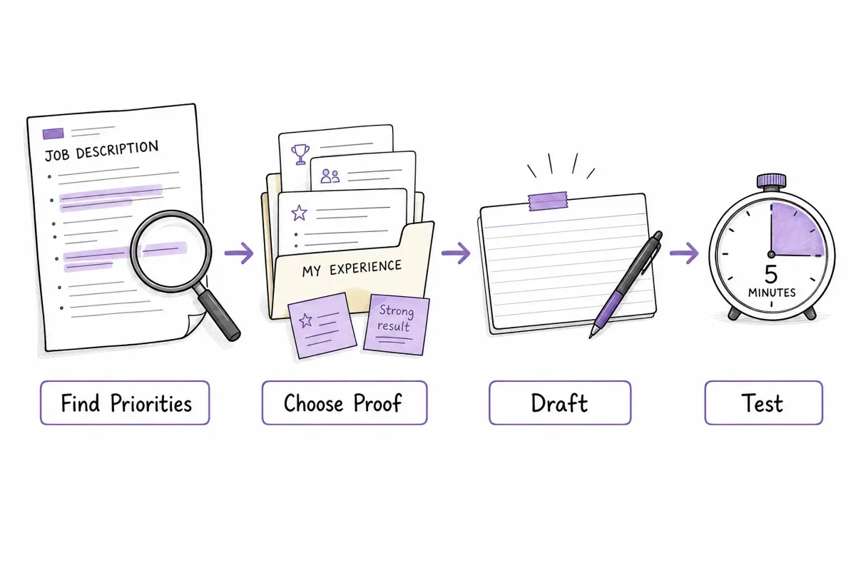 Job description workflow for finding priorities, choosing proof, drafting, and testing an interview answer